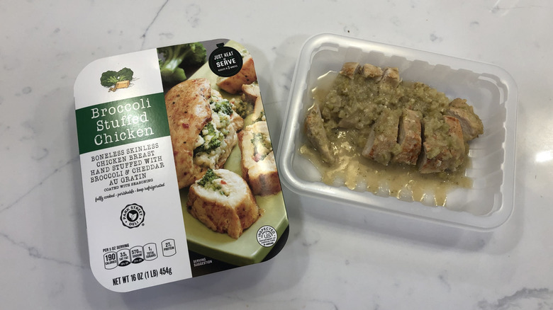 Aldi broccoli-stuffed chicken in its microwaveable packaging.