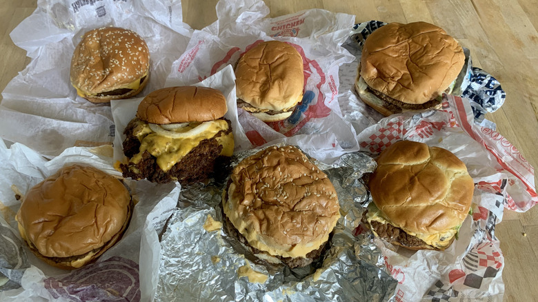 Variety of fast food double cheeseburgers