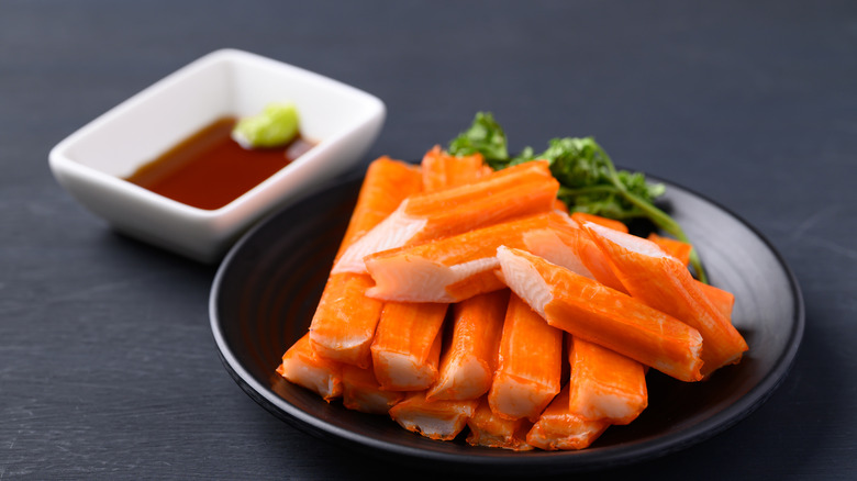 imitation crab sticks piled on a plate