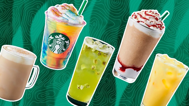various Starbucks Frappuccinos green background