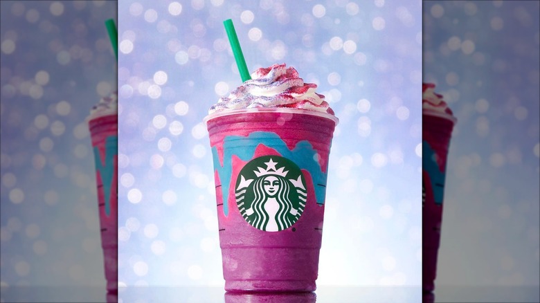 Unicorn Frappuccino against sparkly background