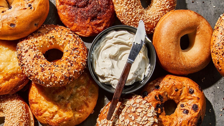 selection of Panera Bread bagels with cream cheese