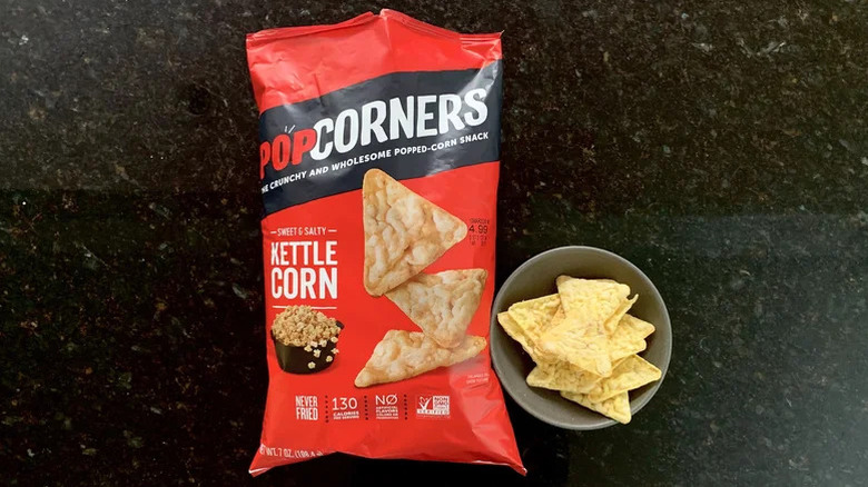 A bag of Kettle Corn popcorners next to a bowl