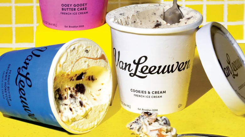 colorful pints of Van Leeuwen ice cream on a counter top