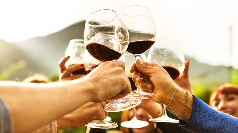 wine glasses toasting in vineyard