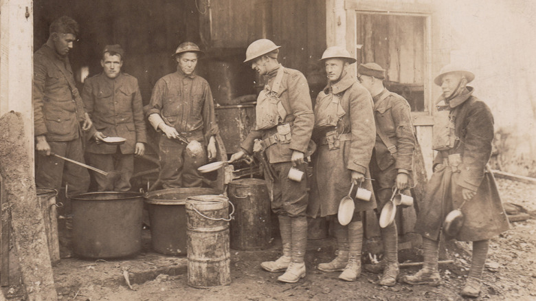 American soldiers lining up for food during World War I