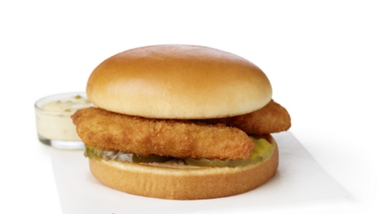 Chick-fil-A's fish sandwich on a white background