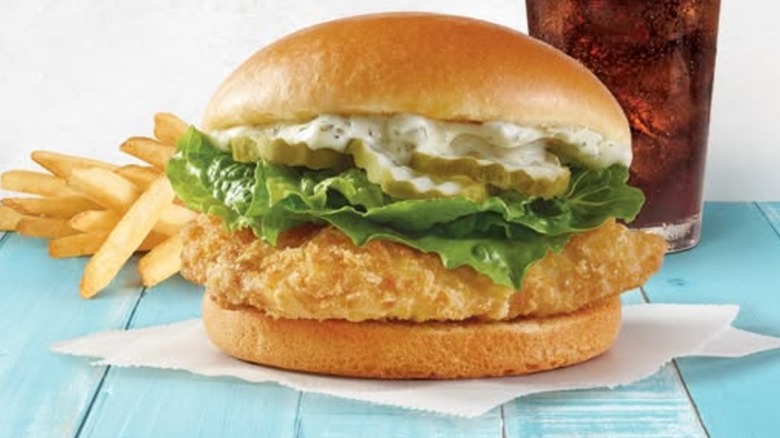 Wendy's cod sandwich with fries and a soda
