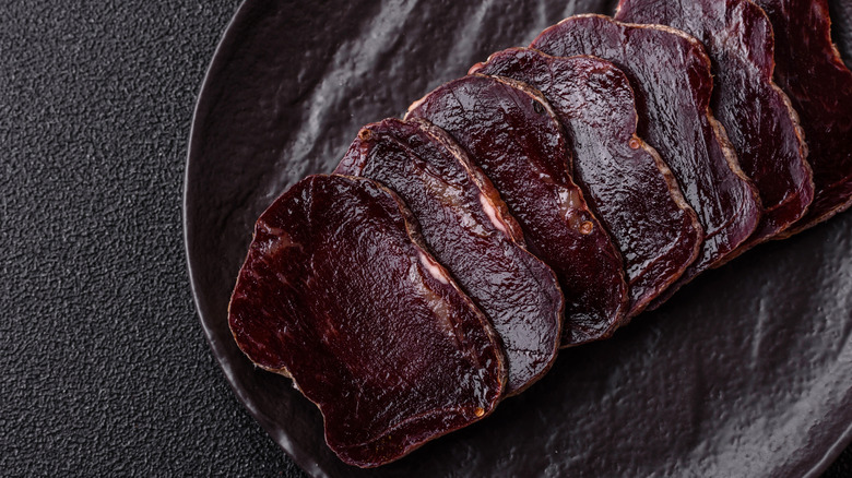 Horse meat in a butcher shop with label
