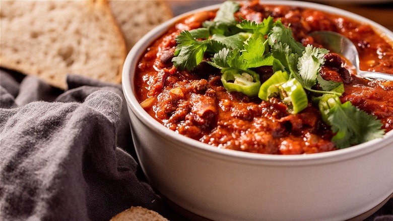 Close-up of a bowl of bison chili