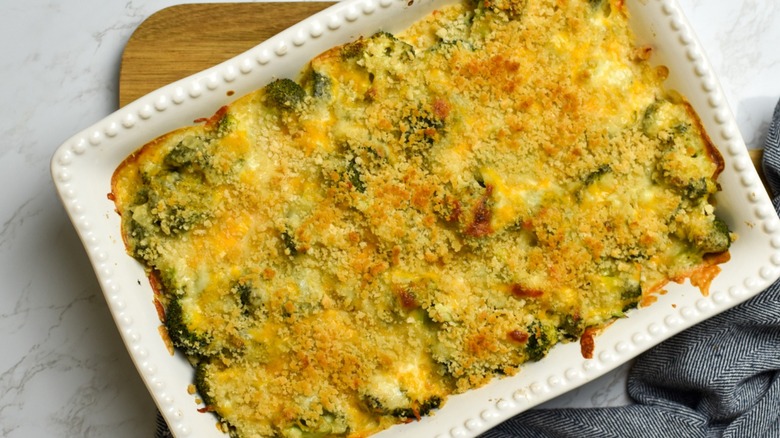 A dish of chicken Divan casserole