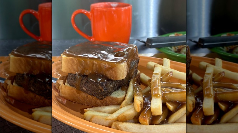 Meatloaf sandwich with gravy and fries