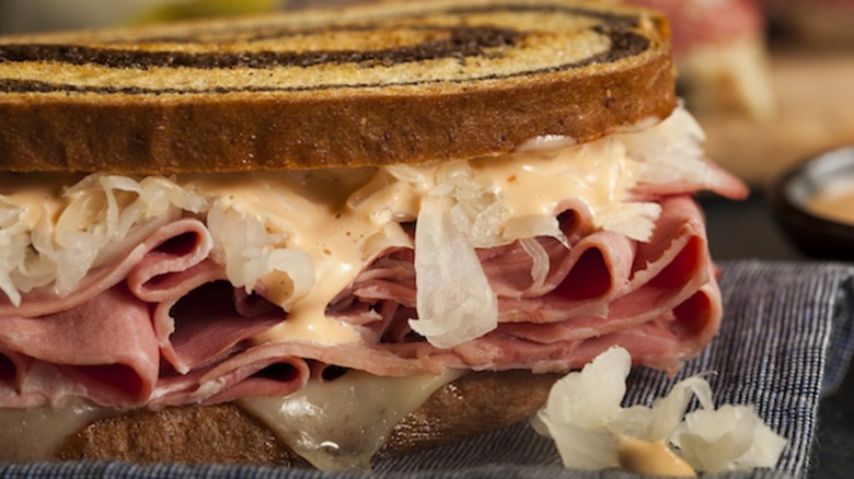 Close-up of a Reuben sandwich from Nick & J's