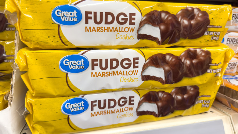 Close-up of packages of Walmart's Great Value marshmallow fudge cookies