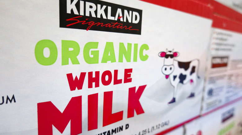 Close-up of a box of Kirkland Signature branded milk