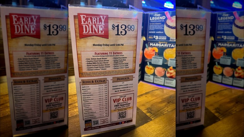A Texas Roadhouse Early Dine menu on a table