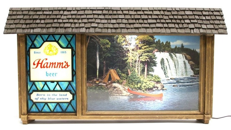 Hamm's Beer Scene-O-Rama waterfall sign on a white background