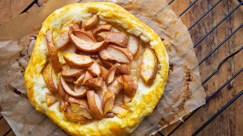 overhead shot of pear galette on baking sheet