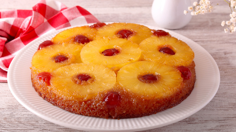 pineapple upside down cake on a white plate