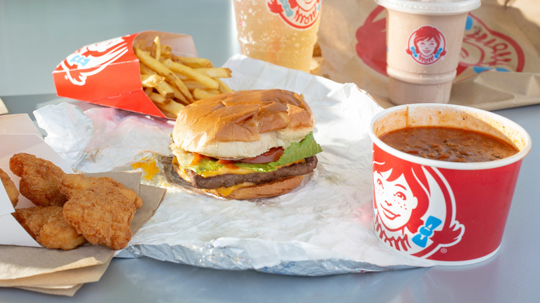 Wendy's meal with cheeseburger, chicken nuggets, fries, and chili