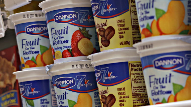 Dannon yogurts on grocery shelf