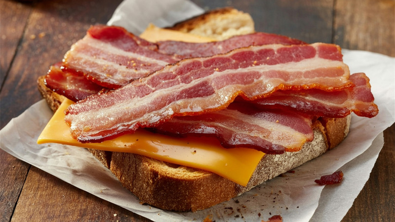 Making a grilled cheese sandwich with bacon