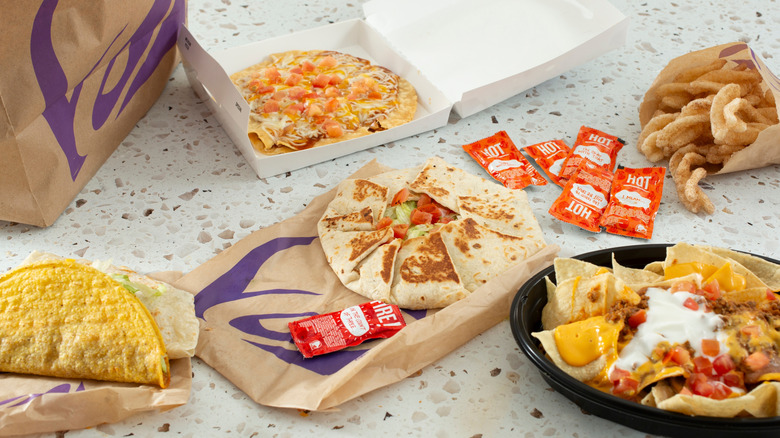 food from Taco Bell laid out across kitchen counter