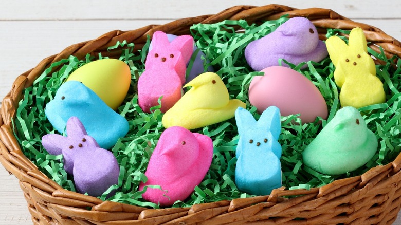 A lineup of marshmallow Peeps candies