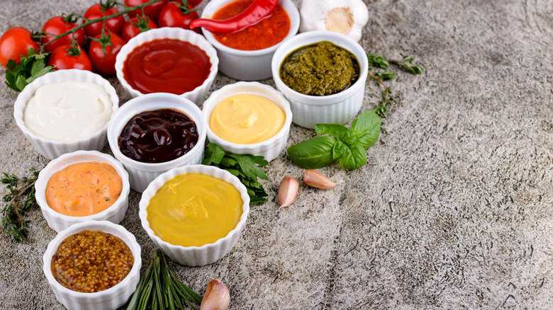 selection of condiments in bowls