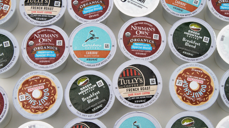 a variety of K-cup pods, with some light, medium, and dark roasts