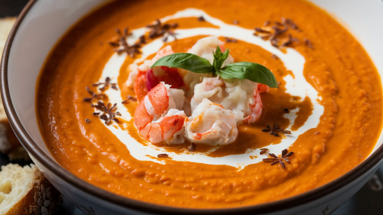 a bowl of lobster bisque topped with cream, pieces of lobster, and fresh basil leaves