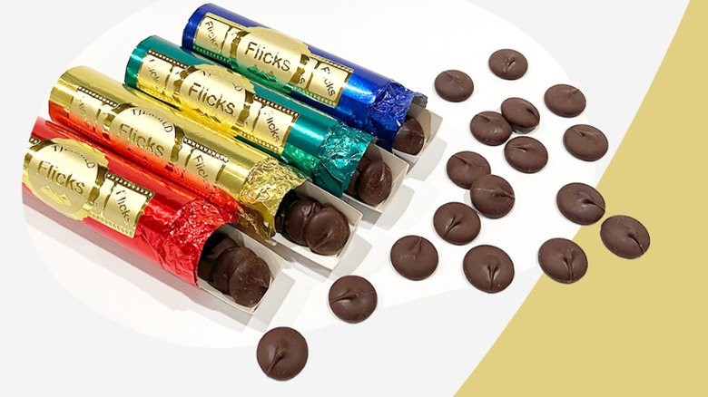 Different colored packages of Flicks Candy