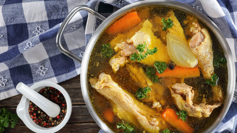 Chicken stock in a pot