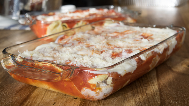 lasagna in a Pyrex dish