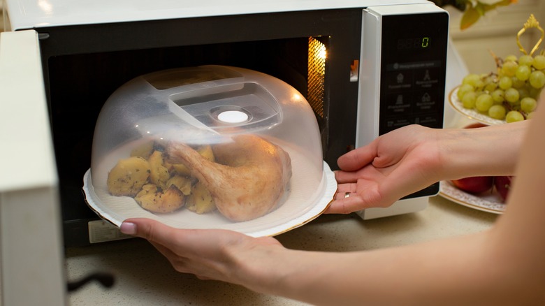 hands placing food in microwave