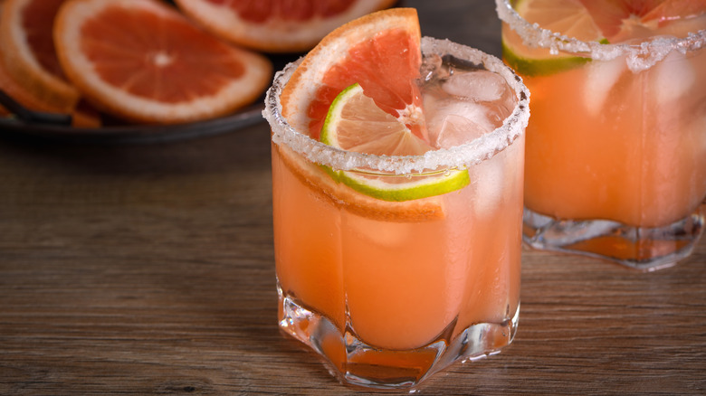 Close-up of a pink paloma cocktail