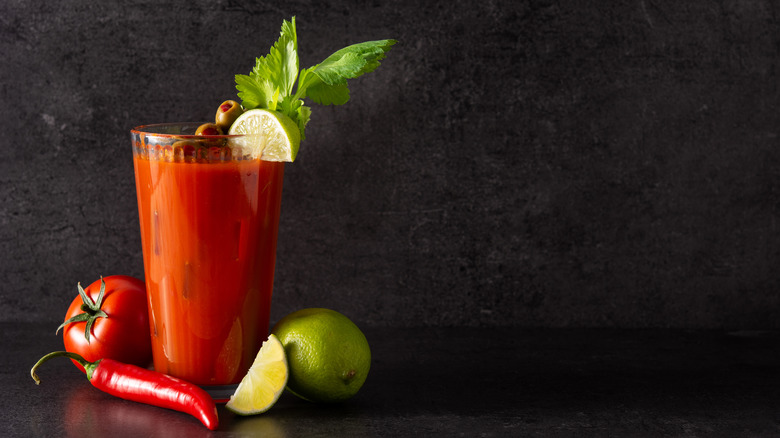 Bloody Mary with tomatoes, pepper, and lime