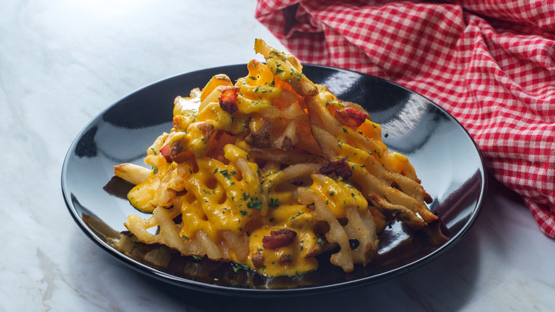 A plate of loaded waffle fries