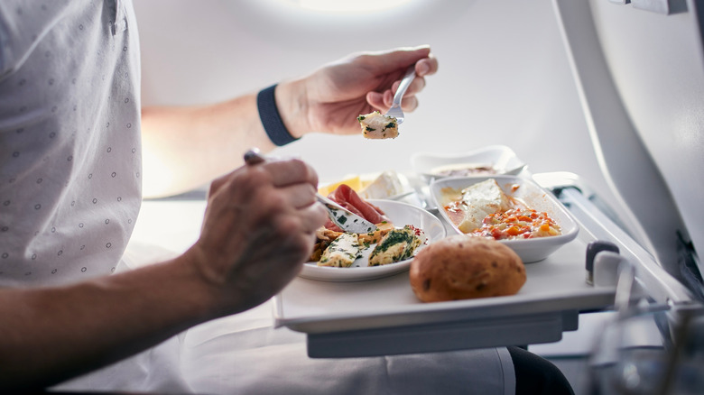 Passenger eating an airline meal on a tray