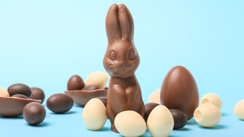 Chocolate easter bunny surrounded by eggs