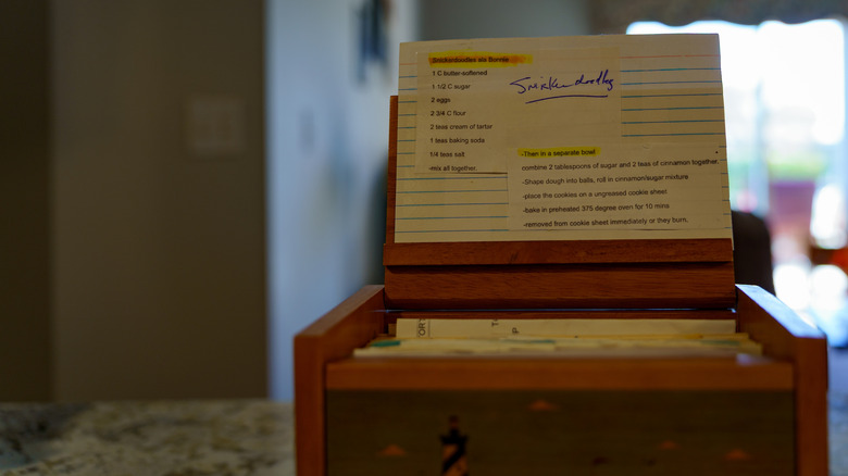 Recipe box open displaying recipe card