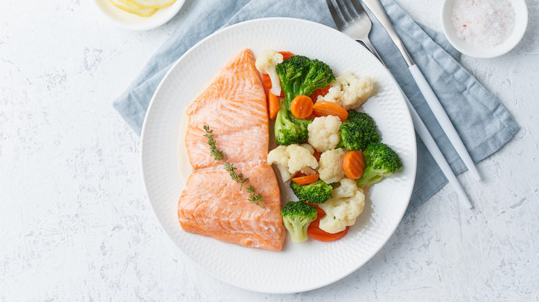 poached salmon and vegetables