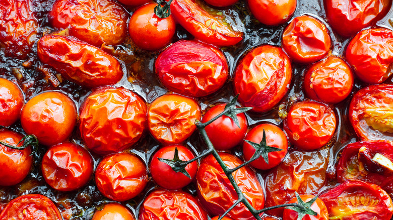 A close up of roasted cherry tomatoes