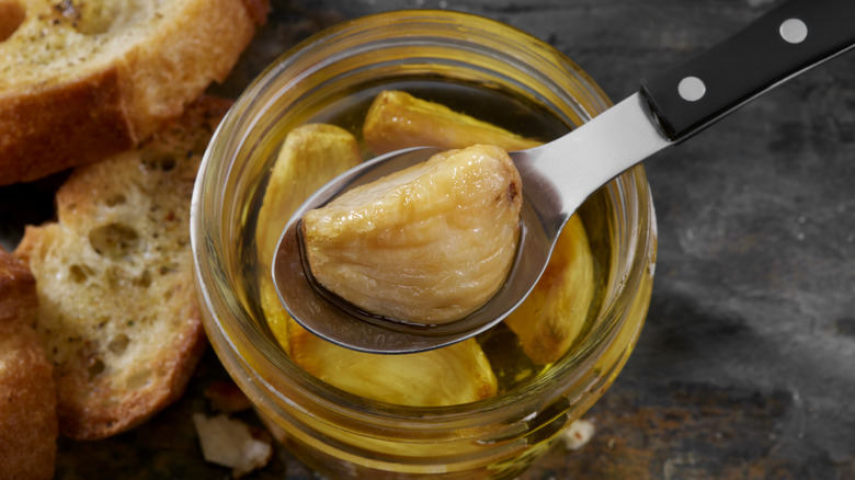 a spoon lifting a clove of garlic confit from a jar with sliced bread in the background