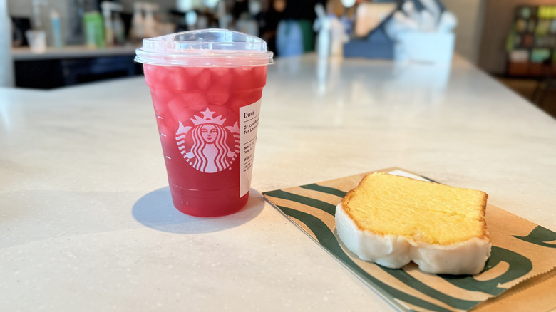 Passion Tango Tea Lemonade and iced lemon loaf from Starbucks