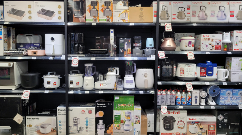 A display of kitchen appliances in an appliance store