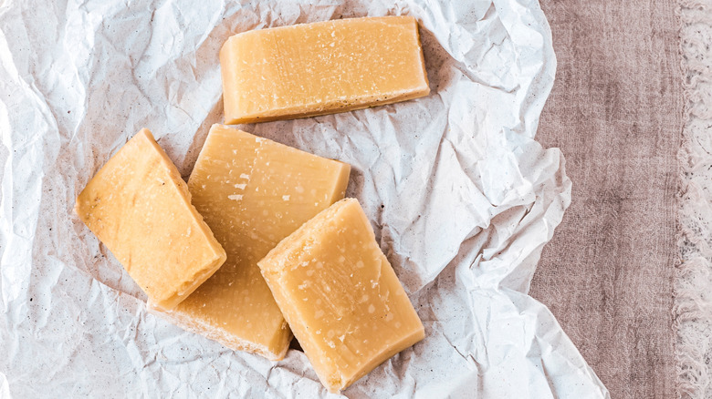 Parmesan cheese rinds on table