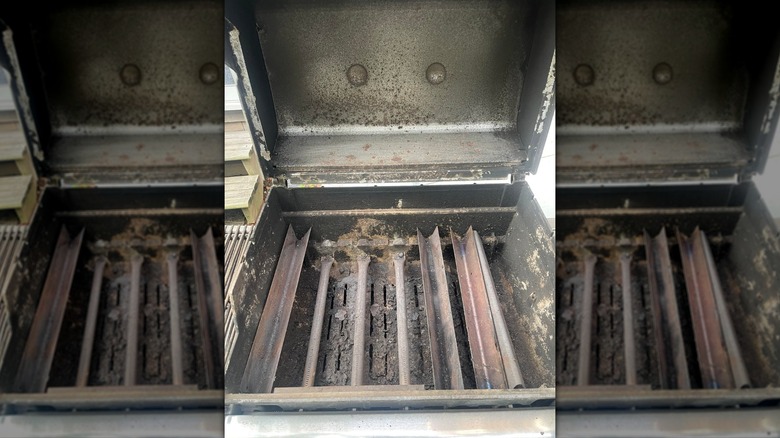 Dirty Venturi tubes underneath flavorizer bars on a gas grill