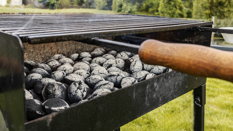Unlit charcoal briquettes in grill